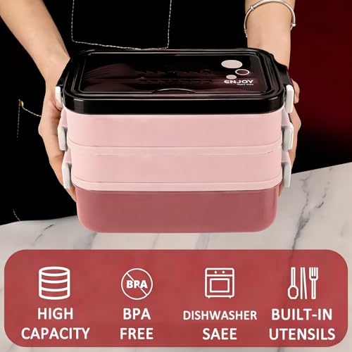 3-Tier Lunch Box for Women, Adult Lunch Box with Insulated Lunch Bag | 60 fl oz Large Capacity Bento Box with BPA-Free Utensils & Sauce Container, Leakproof, Microwave Safe for Work & Meal Prep - color: Pink(3-Tiers)