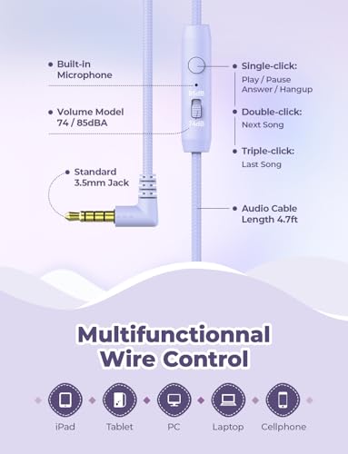 iClever HS19 Kids Headphones for School with Microphone, Safe Volume Limiter 74/85dBA, Over-Ear Girls Boys Headphones for Kids with FunShare Foldable Wired for iPad/Travel (Purple) - color: Purple