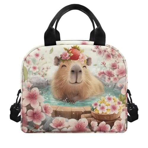 Capybara Lunch Box for Girls 8-10 Sakura One Piece Lunch Box for Boys 4-6 Preschool Meal Bag Kids 6-8 Kindergarten Toddler Children Elementary School Adjustable Shoulder Strap Portable - color: Sakura Capybara