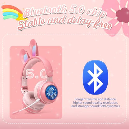 Kids Bluetooth Cat Ear Headphones LED Light, Noise Cancelling, Pink | Delight your child with these stylish LED cat ear headphones premium noise cancellation, built-in mic, and wireless ease. - color: Rabbit Pink