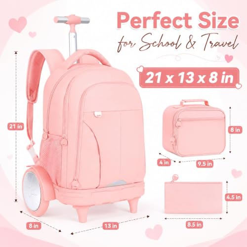 gxtvo Large Wheels & Quiet Glide | Women & Girls Roller Backpack - Water-Resistant Wheeled Bag with Lunch Box for Office, Travel & College - Pink - color: Rolling Backpack Reflective Pink