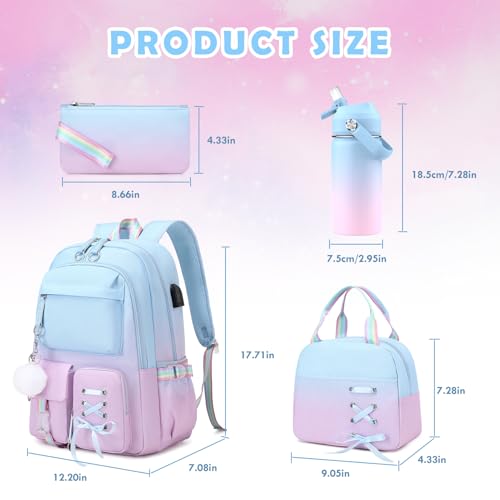 ACESAK Kids School Backpack for Girls, 4-In-1 Bookbag Backpack Set with 14OZ Insulated Kids Water Bottle(Blue Purple) - color: Blue-to-pink/Purple Gradient