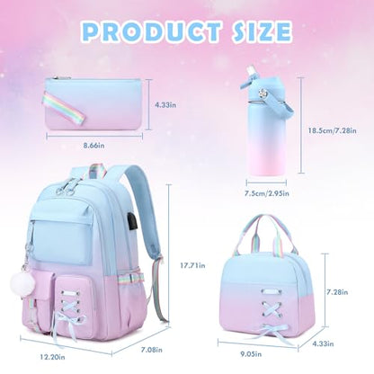 ACESAK Kids School Backpack for Girls, 4-In-1 Bookbag Backpack Set with 14OZ Insulated Kids Water Bottle(Blue Purple) - color: Blue-to-pink/Purple Gradient