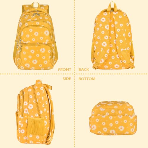 Glodwheat Daisy Printed Backpack For Girls- 3Pc Set With Lunch Box & Pencil Case, Lightweight Water-Resistant Bookbag For Elementary School - color: Lemon