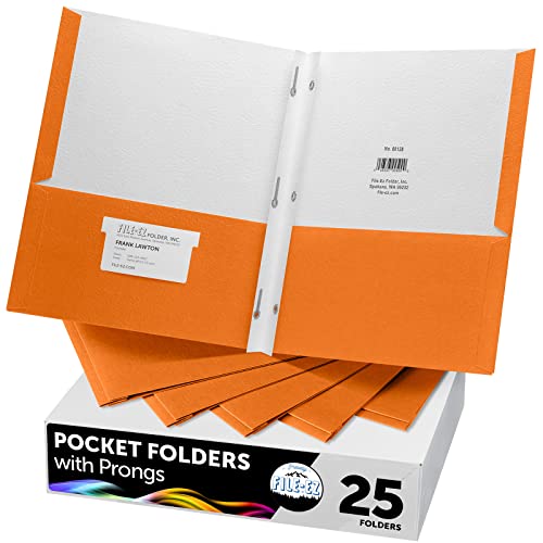 FILE-EZ Two-Pocket Folders with 3-Prong Fasteners, Orange Color, 25-Pack, Durable Textured Paper, Matte Finish, Letter Sheet Size (EZ-92565) - color: Orange
