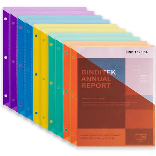 Binditek 10 Pack Poly Slash File Jackets for 3 Ring Binder, 3-Hole Punched Binder Pockets Organizer, Letter Size, 5 Assorted Colors, for Students and Coworkers - size: 10 Pack