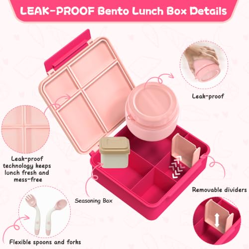Aimsnk Lunch Box Kids with Thermo Insulated Lunch Bag for School, Pink | Bento Lunch Box for Kids with 8oz Food Jar, Leak Proof Hot Lunch Containers with 4 Compartment, Warm Lunchbox for Toddler - color: Pink