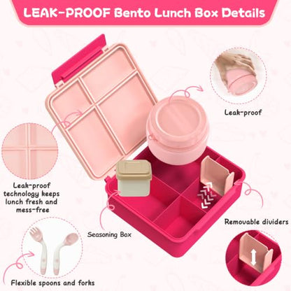 Aimsnk Lunch Box Kids with Thermo Insulated Lunch Bag for School, Pink | Bento Lunch Box for Kids with 8oz Food Jar, Leak Proof Hot Lunch Containers with 4 Compartment, Warm Lunchbox for Toddler - color: Pink