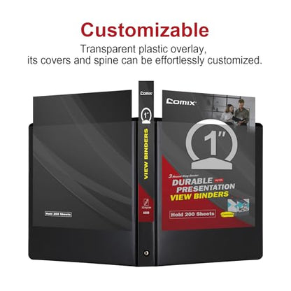 COMIX Sturdy 3 Ring Binder 1 inch with Clear View Cover, 1" Round Ring View Binder, PVC-Free, 2.4mm-Thick, 200 Sheets Capacity of US Letter Size Paper, Office ＆ School Supplies, Pack of 12 (Black) - color: Black, size: 1 Inch, style: 12 Pack