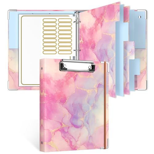 Rouidr Mini 3 Ring Binder with clipboard, 1 inch Round Binder Organizer, 8.5"x5.5" Cute Binder with 5 Dividers Tabs & Clear Sleeves, School Supplies, Office Supplies - color: Cute Pink Marble, size: Mini 1in(8.5 x 5.5 in)