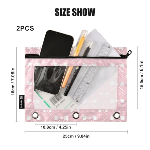 ATTX Pink Ribbon Bow Pencil Pouch for 3-Ring Binder - Large Capacity Clear Window Pencil Case with Smooth Zipper, Heavy Duty Office Supplies Organizer - color: Pink Ribbon Bow