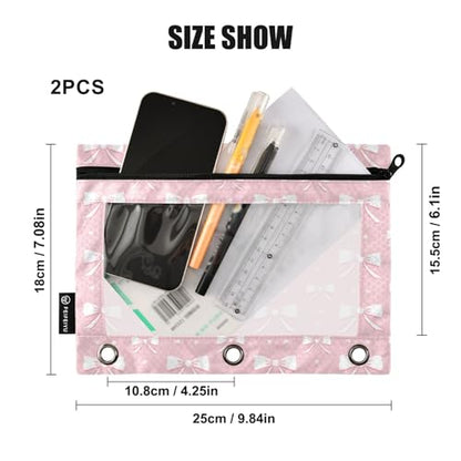 ATTX Pink Ribbon Bow Pencil Pouch for 3-Ring Binder - Large Capacity Clear Window Pencil Case with Smooth Zipper, Heavy Duty Office Supplies Organizer - color: Pink Ribbon Bow