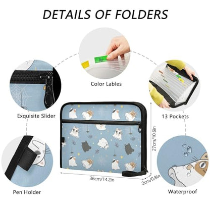 Cute Ghost Kitten Cat Halloween File Folders,Plastic Folders with 13 Pockets,Expandable File Folder for Documents School Students Office,Aesthetic Folder with Labels A4 Letter Size - color: Multi 14