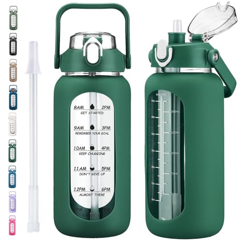 64oz Glass Water Bottles with Straw, Half Gallon Motivational Glass Bottle with Silicone Sleeve and Time Marker, 2L Leakproof Large Glass Water Jug for Gym Home Office, Ink Green - color: Ink green, size: 64 Ounces