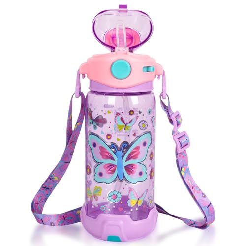 Kids Water Bottle with Straw/Lanyard for School Kids Girls Boys, 22oz BPA Free Child Drinking Water Bottle One-Click-Open Leak-Proof Locking Flip Lid for School Sport Travel - color: H02. Butterfly