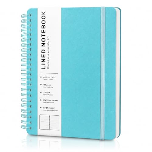 Lined Spiral Notebook for Women, A5 College Ruled Leather Spiral Journals | 160 Pages Small Journaling Notebooks, 5.7"x11" Note Book for Writing, Work, School, Hardcover Leather Journals, Light Blue - color: Light Blue, size: A5