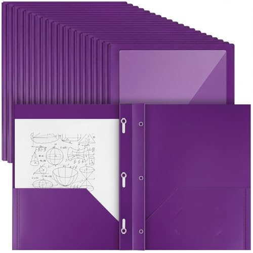 Teling 24pcs Heavy Duty Plastic Folders with Clear Front Pocket and Card Slot, 3 Prongs and 2 Pockets, Letter-Size, Reports Document Presentations Office Supplies, Back to School Gifts (Dark Purple) - color: Dark Purple