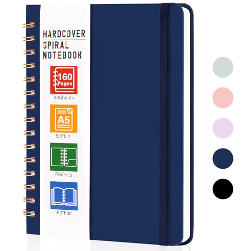 LABUK Spiral Notebook, 160 Pages A5 Lined Hardcover Notebook, 5.5 x 8in Spiral Journal for Women and Man, Work, Writing (Navy Blue) - color: 4-navy blue, style: A5