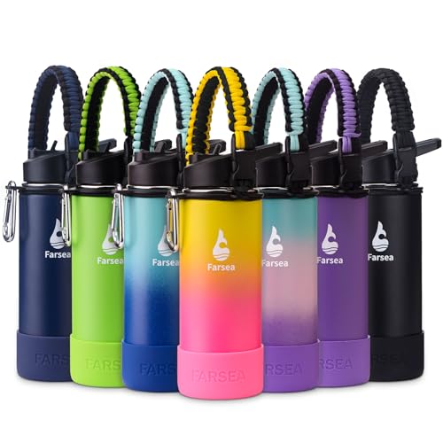 Farsea Insulated Water Bottle With Paracord Handle, Protective Boot and 2 Lids (Straw Lid & Spout Lid), Stainless Steel Water Bottle Wide Mouth, Double Wall Sweat-Proof BPA-Free, 18 oz - color: Nectarine, size: 18 Ounces