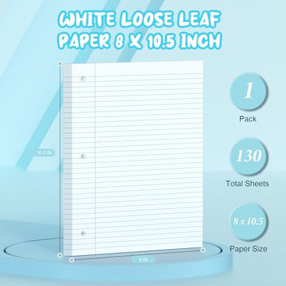White Loose Leaf Paper 8 x 10.5, 130 Sheets Lined Paper College Ruled Paper, 3 Hole Punched Notebook Paper College Ruled, 3 Ring Binder Paper 8 x 10.5, Filler Paper College Ruled for Office, School - color: White-130 Pcs