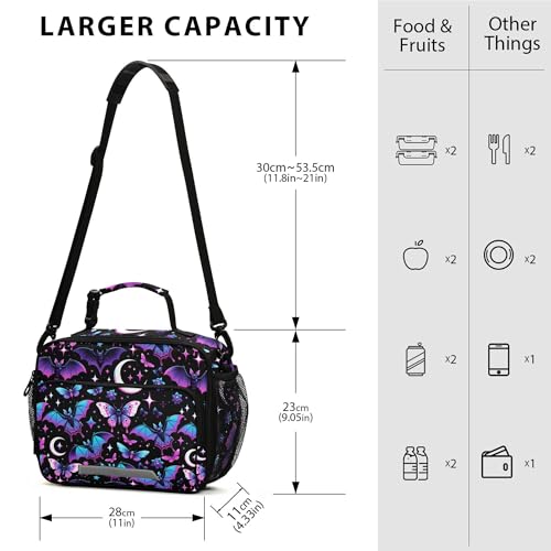 MNSRUU Student Lunch Bag Neon Purple and Bats Stars and Moons Insulated DinnerTotes Picnic Bag Lunch Box with Adjustable Shoulder Strap for Teen Kids Adults - color: Bats A8889