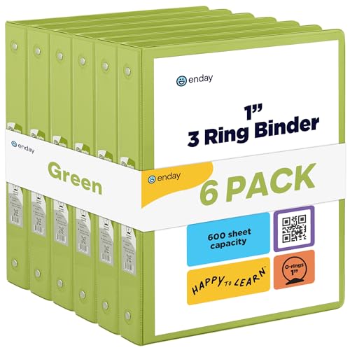 Enday 1 Inch Binder (6 Pack - Green) 3 Ring Binder 1 inch with Clear View Cover and 2 Inside Pocket - for Letter Size 8.5 x 11'' Paper, Ideal for School Supplies, Office, and Home - color: Green, size: 1-Inch