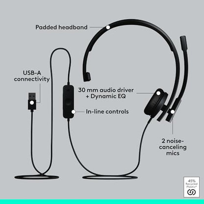 Logitech H570e USB Headset with Microphone for PC and Mac, USB-A Wired Headset with Mono Sound, Noise-Canceling Mics and Inline Controls, Certified for Microsoft Teams, Black - size: Teams, style: Mono