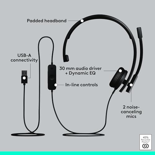 Logitech H570e USB Headset with Microphone for PC and Mac, USB-A Wired Headset with Mono Sound, Noise-Canceling Mics and Inline Controls, Certified for Microsoft Teams, Black (Pack of 12) - size: Teams (Pack of 12), style: Mono