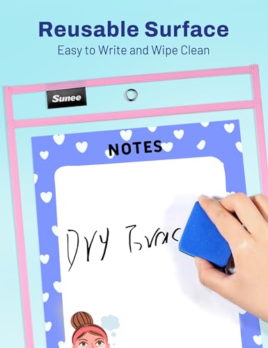 SUNEE 6 Packs Oversized Reusable Dry Erase Pocket Sleeves with Ring, Pink 10x14 Ticket Holders, Clear Plastic Sheet Protectors, Teacher School Classroom Supplies - color: Pink, style: 6 Pack