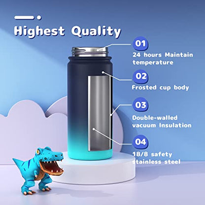Gonfoam 16oz Kids Stainless Steel Insulated Water Bottle, 2 Pack | DIY Stickers, BPA-free, Leak-proof, Sturdy, Keeps Cold 24h, Easy to Carry, Easy to Clean, Back to School, Gifts - color: Blue+Green, size: 16 Ounces