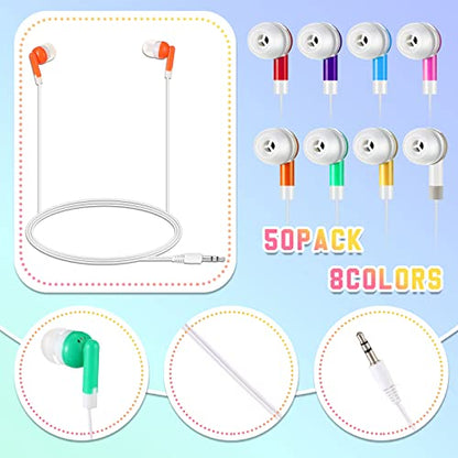 Macarrie 50 Pack Earbuds Bulk for Classroom Kids Wire Earphones Students Ear Buds Set Stereo Headphones for Kids Adults Schools Libraries, 3.5 MM Audio Jack (Mixed Colors)