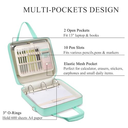 Zipper Binder | 3 Inch O-Ring, 600 Sheet Capacity Trapper Keeper with Shoulder Strap & Handle, Binder Bag with Multiple Storage Pockets, Fits 13" Laptop (Mint Green) - color: Mint Green