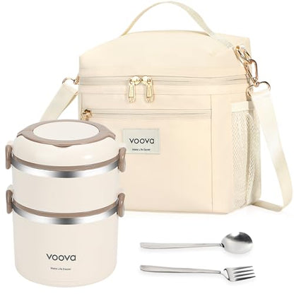 Voova Stackable Stainless Steel Thermal Lunch Box with Lunch Bag for Women Men Adult, 2 Tier Leakproof & Microwave Safe Insulated Bento Boxes Food Container for Work, Beige - color: Beige
