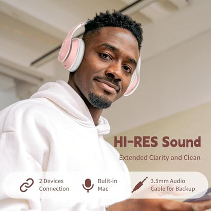 Wireless Bluetooth Headphones Over Ear 65H Playtime HiFi Stereo Headset with Microphone and 6EQ Modes Foldable Bluetooth V6.0 Headphones for Travel Smartphone Computer Laptop Rose Gold - color: Rose Gold