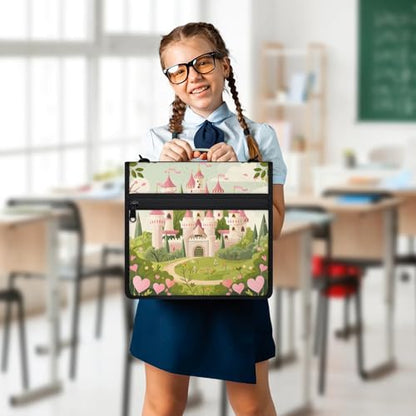 Castle Pink Zipper Binder, 3 D-Ring Expanding File Folder with Handle & Adjustable Shoulder Strap, 400 Sheets Capacity Multi-Pocket Organizer for 13 Inch Laptop - color: Castle Pink