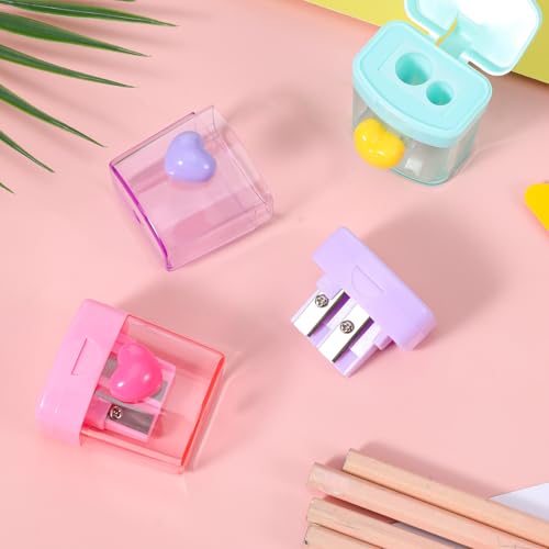 3 PCS Heart Pencil Sharpener, Colorful Dual Holes Pencil Sharpener with Lid Handheld Small Manual Crayon Sharpeners for Home and Office (Green, Purple, Pink)