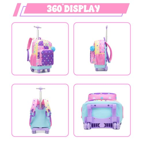 Girls Rolling Backpack with Lunch Box School Backpacks with Wheels 16.5" Roller Backpack for Girls, 3pcs Kids Wheeled Bookbag for Elementary School - color: Duosewujiaoxing