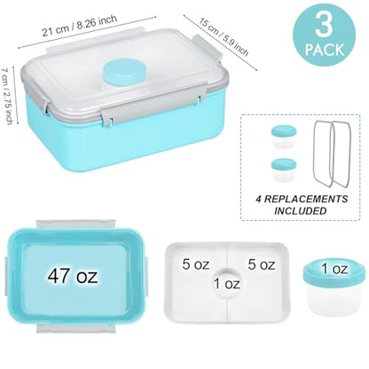 3 Pack Salad Lunch Box Food Storage Containers, 47oz Bento Box To Go Container with Lids, Meal Prep Containers with Removable Tray & Dressing Pots for Kids and Adults, Reusable and Microwave Safe - color: Blue & Blue & Blue
