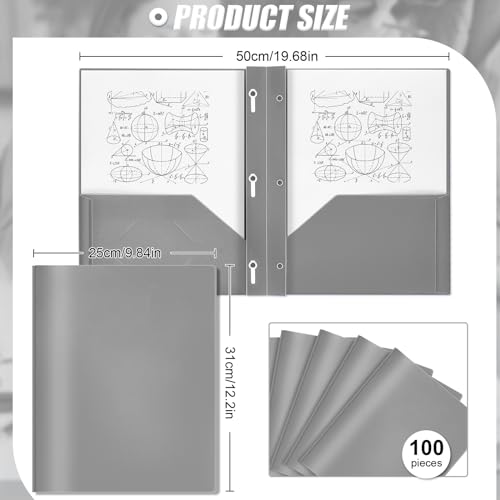 Lincia 100 Pcs Plastic Folders with Pockets and Prong Folders with Prongs 2 Pockets for Office, School for Students, Teachers, Office Workers(Gray) - color: Gray