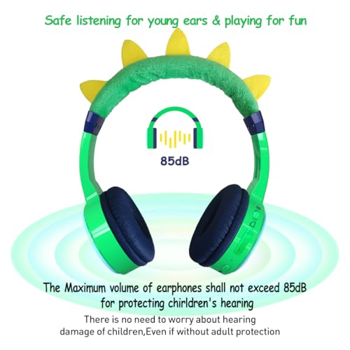 Kids Bluetooth Headphones, with 85dB Volume Limited Adjustable Headphone, Wireless Bluetooth Headphones, Aux 3.5mm Cable Included for Boys Girls Study, School, Kids Headset for ipad/Tablet - style: Dinosaur