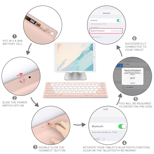 OMOTON Ultra-Slim Bluetooth Keyboard for iPad 11th/10th/9th/8th/7th, iPad Pro/Air/Mini and iPhone Series, Wireless iOS Keyboard with 12 Multimedia Keys for Office, Travel, School, Pink & Pearl White - color: Pink & Pearl White