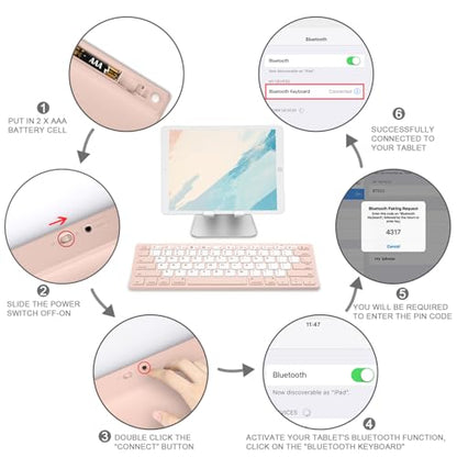 OMOTON Ultra-Slim Bluetooth Keyboard for iPad 11th/10th/9th/8th/7th, iPad Pro/Air/Mini and iPhone Series, Wireless iOS Keyboard with 12 Multimedia Keys for Office, Travel, School, Pink & Pearl White - color: Pink & Pearl White
