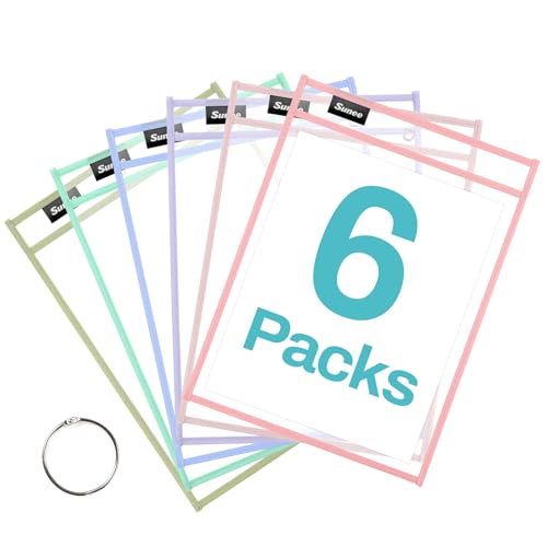 SUNEE 6 Packs Oversized Reusable Dry Erase Pocket Sleeves with Ring, Morandi 10x14 Ticket Holders, Clear Plastic Sheet Protectors, Teacher School Classroom Supplies - color: Morandi, style: 6 Pack