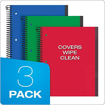 Oxford Spiral Notebook 3 Pack, 3 Subject, Wide Rule, Durable Plastic Covers, Strong Coil, 3 Durable Pockets, 8.5 x 11, 150 Sheets, Red, Green, Blue (89804) - size: 3 Count (Pack of 1)