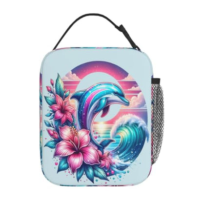 Dolphin Flowers Sunset Wave Ocean Lunch Bag 10In | Insulated Lunch Box Reusable Tote Bag For Picnic Office For Women Men - color: Style 10