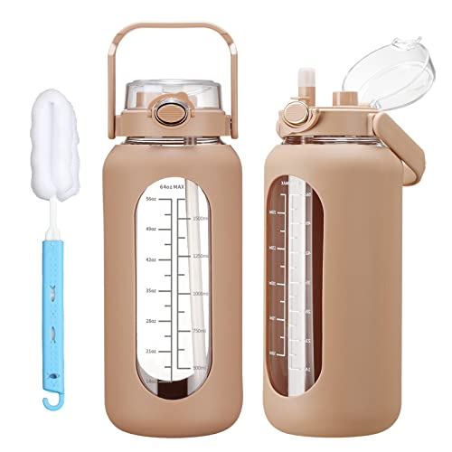 chunmo 64oz Glass Water Bolttles with Straw Half Gallon Large Motivational Water Bottle with Time Marker Sports Water Bottles with Silicone Sleeve and Handle Lid Water Jug for Gym Workout - color: Amber, size: 64 Ounces