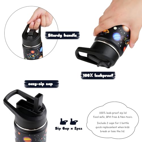 16 oz Stainless Steel Insulated Kids Water Bottle, Leak Proof Metal Thermal Flask with Straw lid, Cute Toddler Tumbler Cup for School Girls & Boys (Black, Space) - color: Black, Space