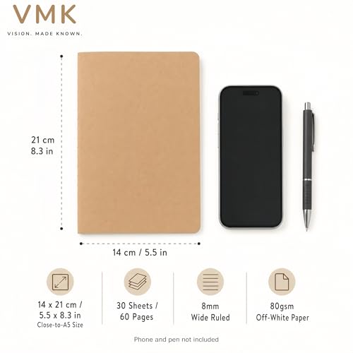 VMK 100 Pack A5 Wide Ruled Lay Flat Notebooks Bulk, Kraft Brown Softcover | 30 Sheets/60 Pages Each, Thread-Sewn Binding, 80gsm Paper, 4 Bundles of 25 for Schools, Programs, and Large Groups - color: Kraft