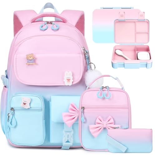 ACESAK Backpack for Girls - Bento Box with Insulated Lunch Bag Pencil Case & Utensils Set for Kids, 4 Leakproof Compartments Removable Tray Lunches or Snack Container for School (Pink Blue) - color: Pink-blue