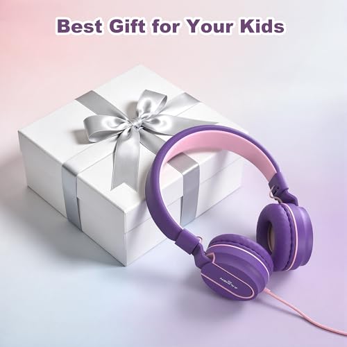 Kids Headphones, Wired Headphones for Kids On Ear with Microphone, 93dB Volume Limiter Headphone for Girls Boys, Foldable Lightweight Headphone for School Learning & Entertainment, Pink Purple - color: Pink Purple
